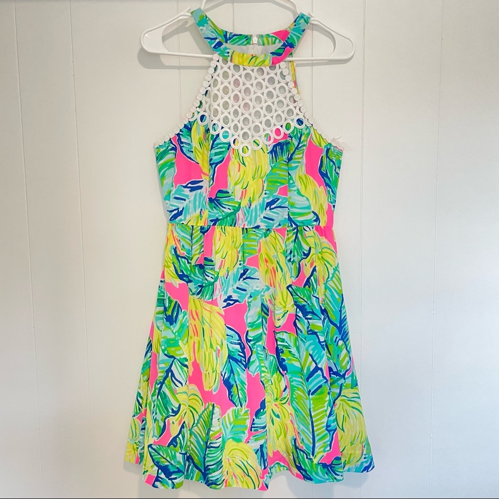 Lilly Pulitzer Halter High Neck Crochet Neon Palm Dress with pockets